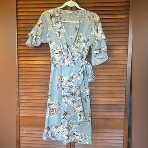 Umgee Blue Floral Midi Dress with Ruffle Sleeves